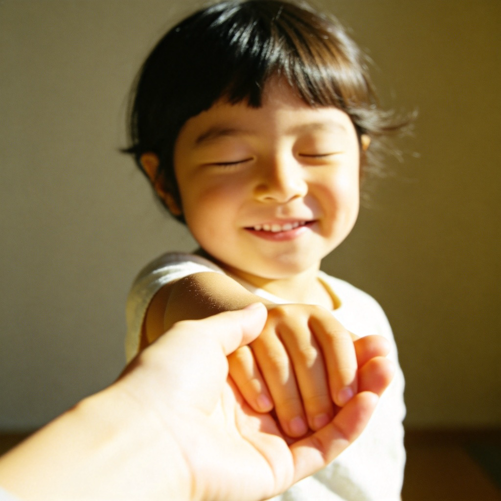 A young child smiling with eyes closed, reaching out and placing their hand confidently into the hand of an adult who is gently leading them forward. Soft, warm sunlight. A focus on the connected hands. Plain, neutral background. No text.