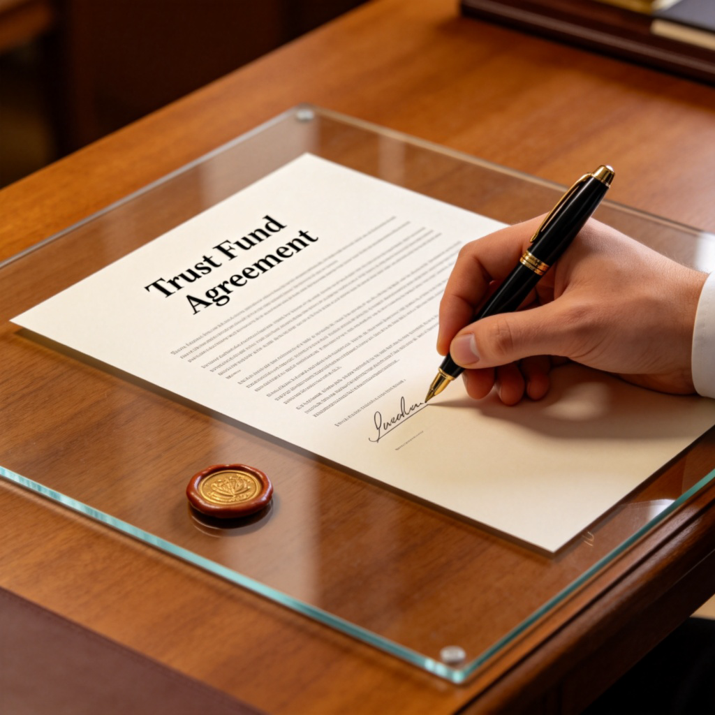 A close-up of a hand signing a formal legal document titled "Trust Fund Agreement" on a wooden desk. A pen is in the hand, and a small, elegant wax seal is beside the document. Clear desk, professional lighting. No text in the image other than the document title.