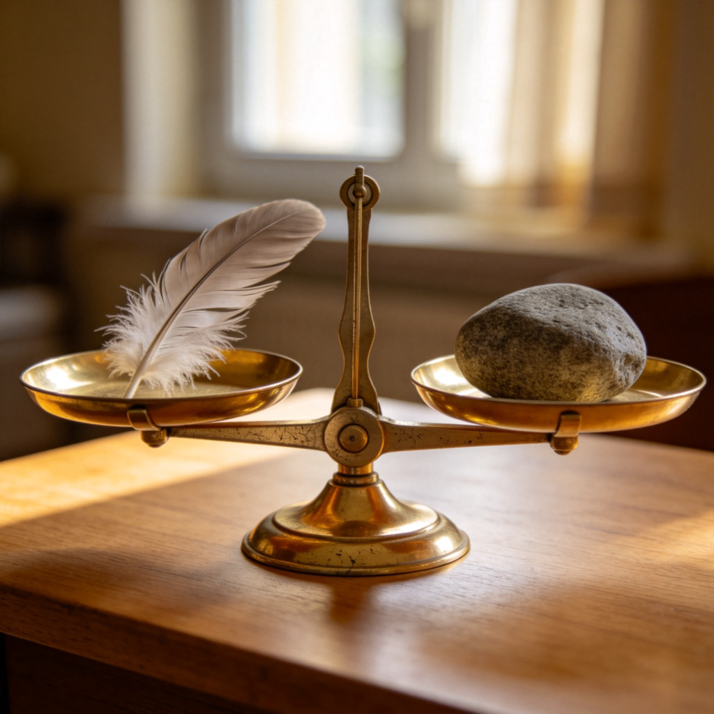 A symbolic image representing truth: a classic brass balance scale perfectly level on a wooden table, with one side holding a feather and the other a stone, suggesting fairness and real weight. Soft natural light from a window, photorealistic style, close-up on the scale, no text or logos in the scene.
