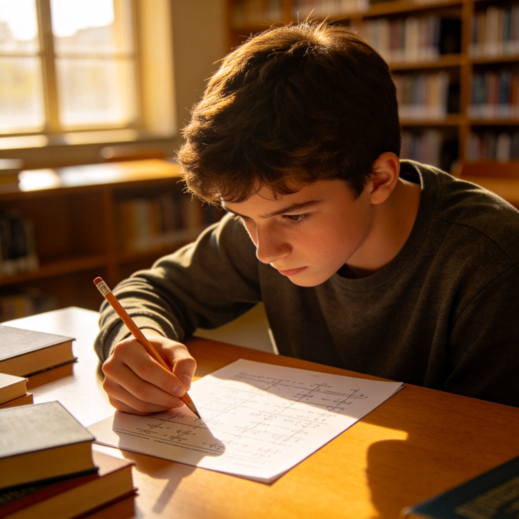 A young student sitting at a desk in a library, looking determined while holding a pencil over a difficult-looking homework page. The expression shows focus and effort. Daylight from a window, realistic style. No text.