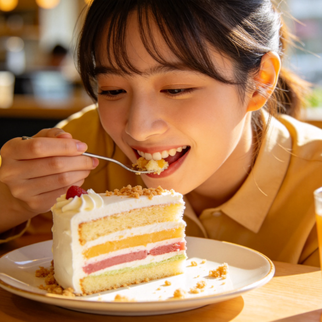 A person in a bright cafe, smiling as they take a small bite from a slice of colorful cake on a plate. Focus on the action of tasting. The setting is cheerful and clean. Photorealistic style. No text.