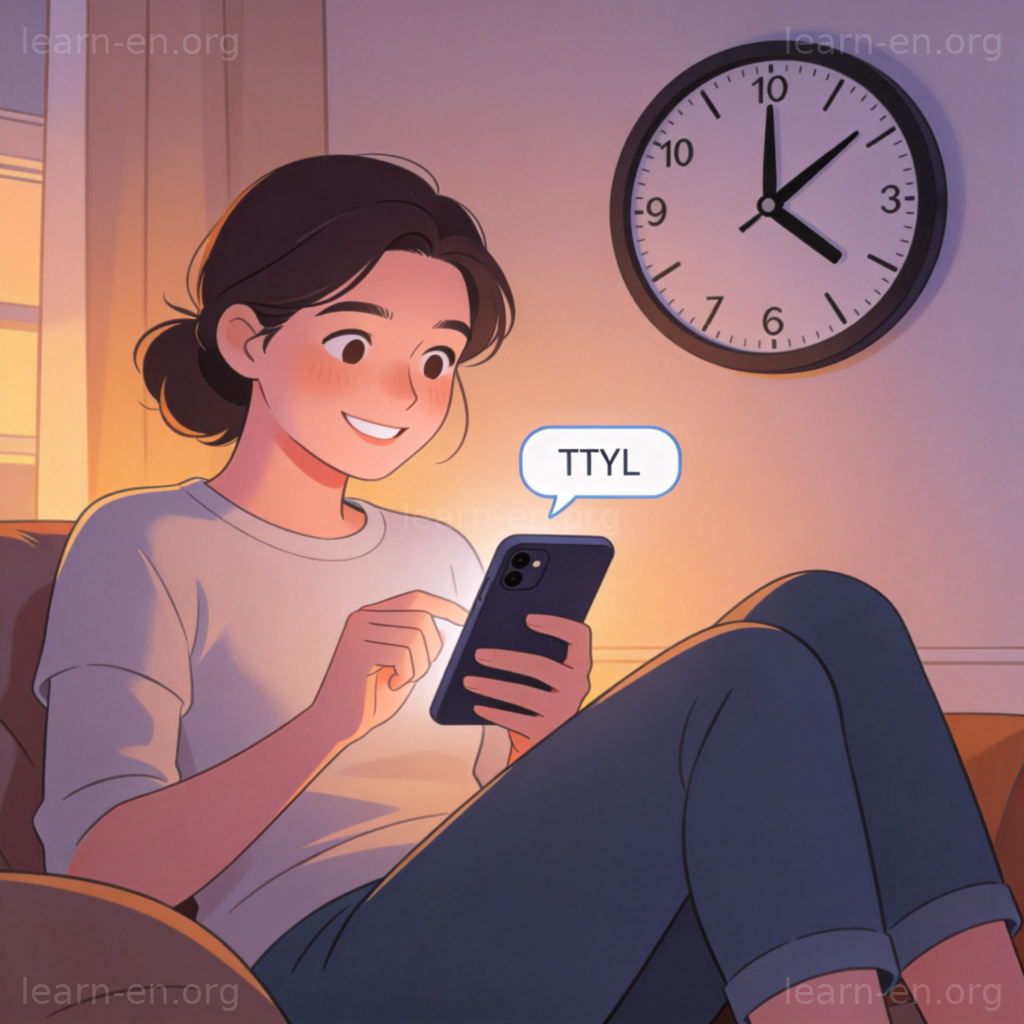 TTYL图解：人物微笑看手机屏幕，聊天框输入TTYL，背景有时钟