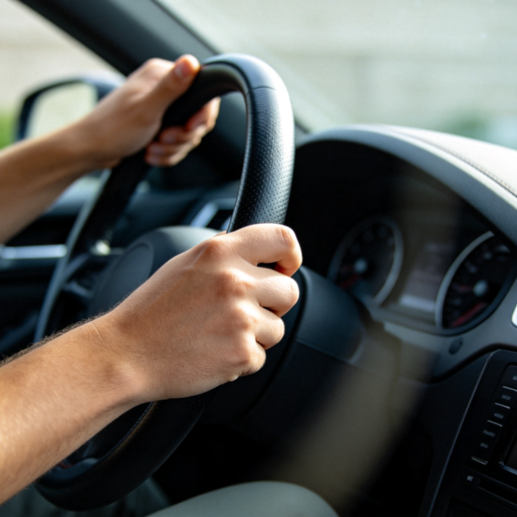 A close-up shot of a person's hands on a car steering wheel, turning it to the left. The focus is on the circular motion of the wheel and the driver's hands. Clear, realistic lighting in a car interior. No text or logos visible.