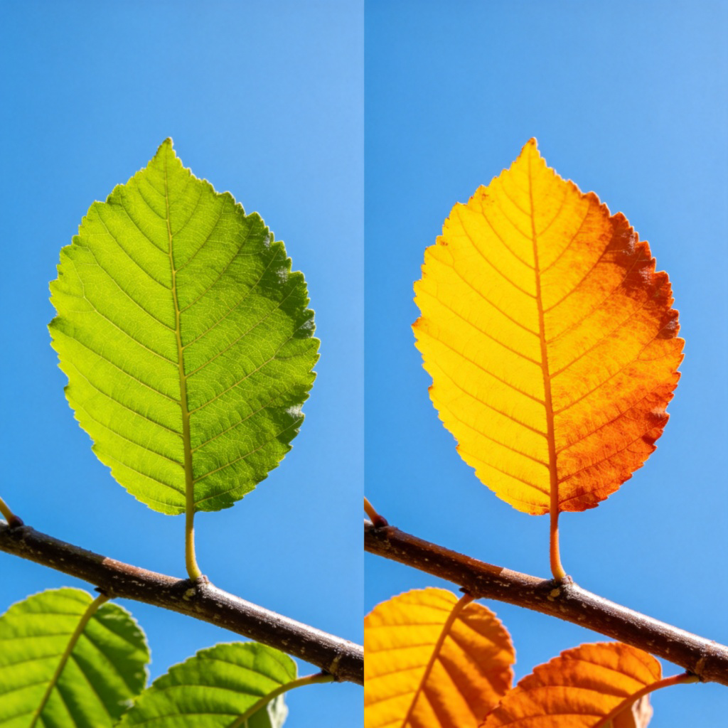 A time-lapse sequence side by side: on the left, a green leaf on a tree branch; on the right, the same leaf now bright yellow and orange. The background is a clear blue sky. The focus is on the dramatic color change. Realistic photographic style.