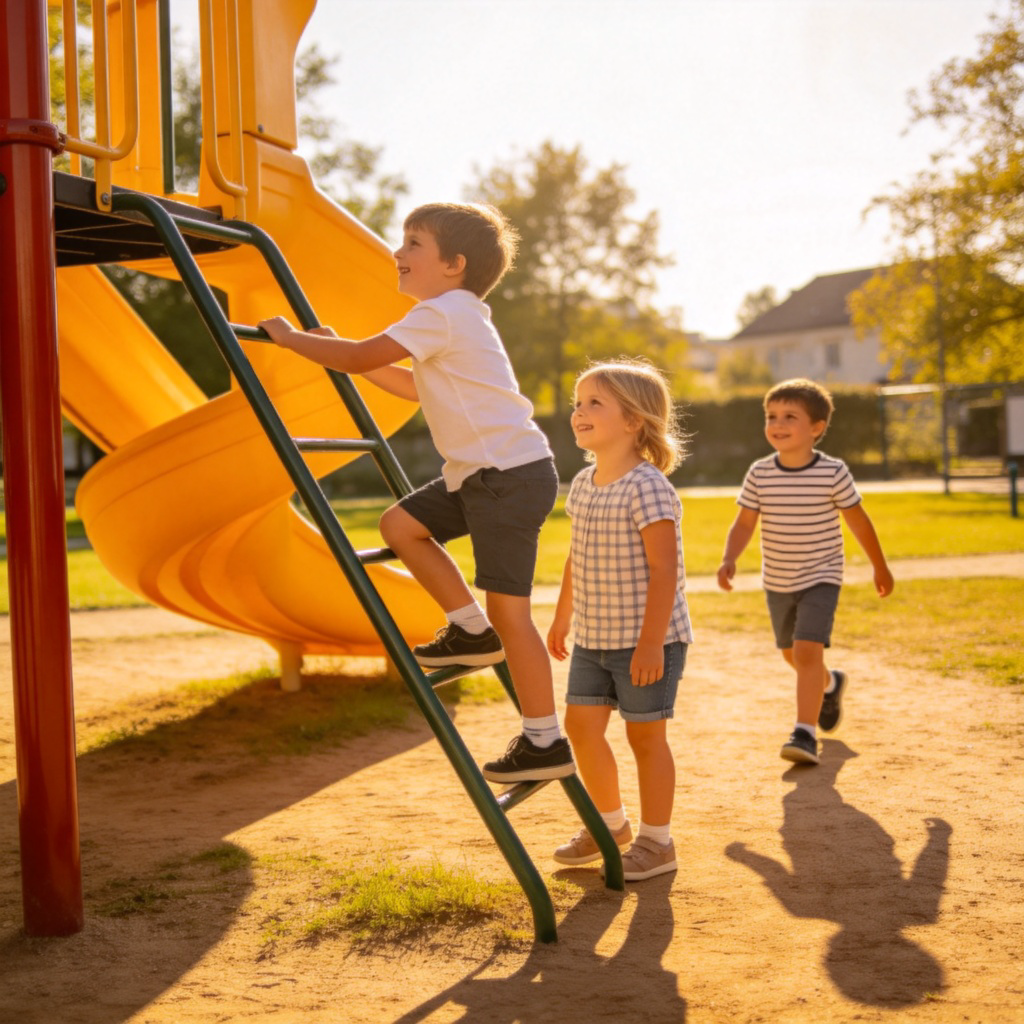 Three happy children standing in a line at a playground slide. The child at the front is climbing the ladder, the one in the middle is waiting, and the one at the back just finished sliding and is walking back. The scene clearly shows taking turns. Bright, sunny day.