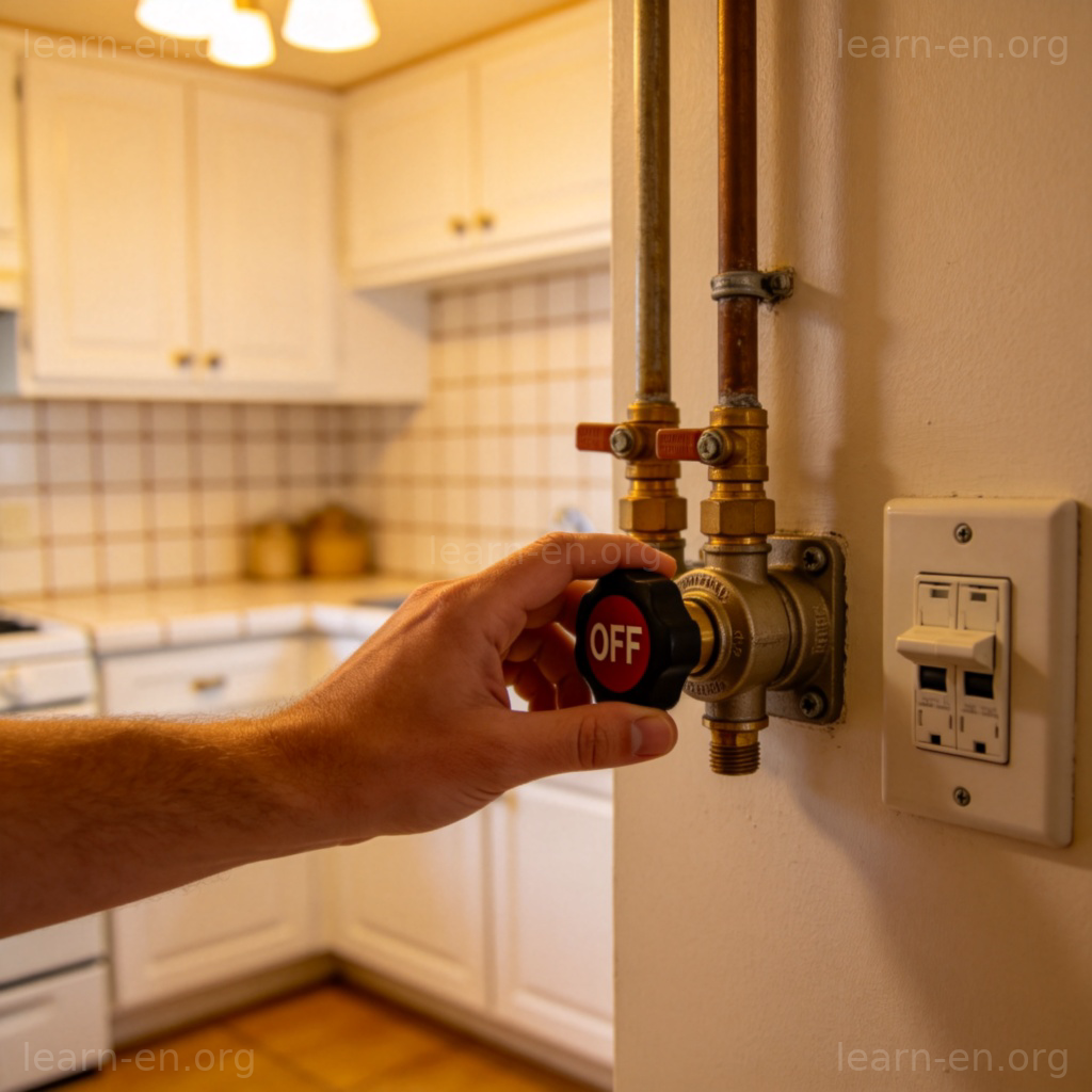 Turn off gas and power 图解：厨房中关闭燃气阀和电源总闸的安全操作