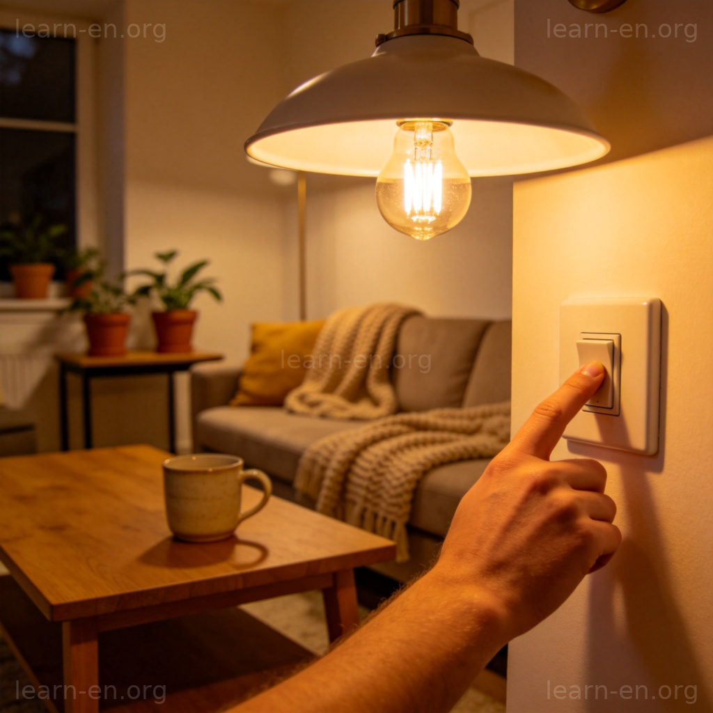 Hand turning on a lamp switch in cozy home