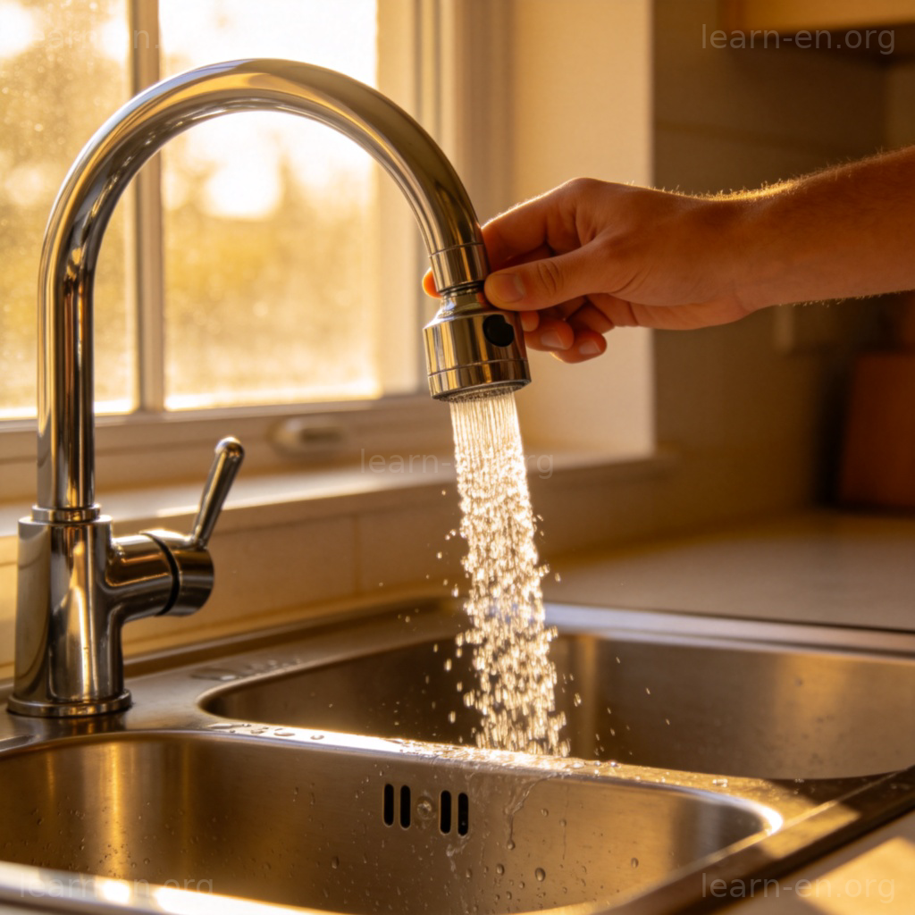 Turn on the Faucet 图解：厨房水龙头被打开，清水流入水槽的场景