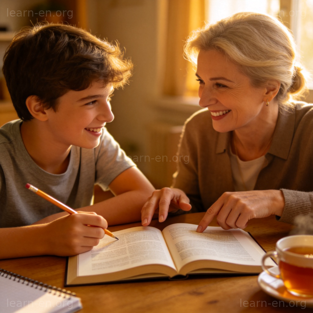 Tutor and student smiling over textbook in tutoring session