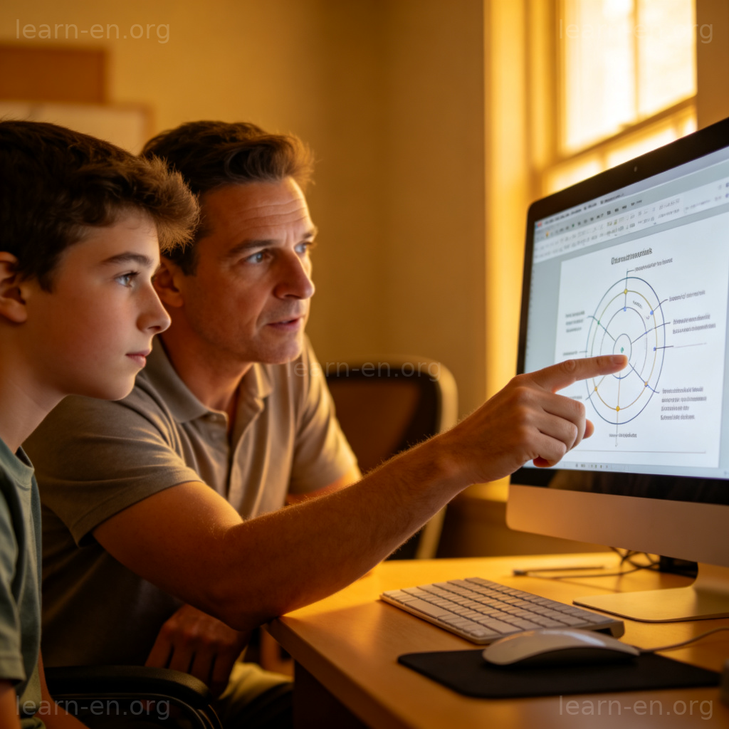 Tutor pointing at screen explaining concept to learner