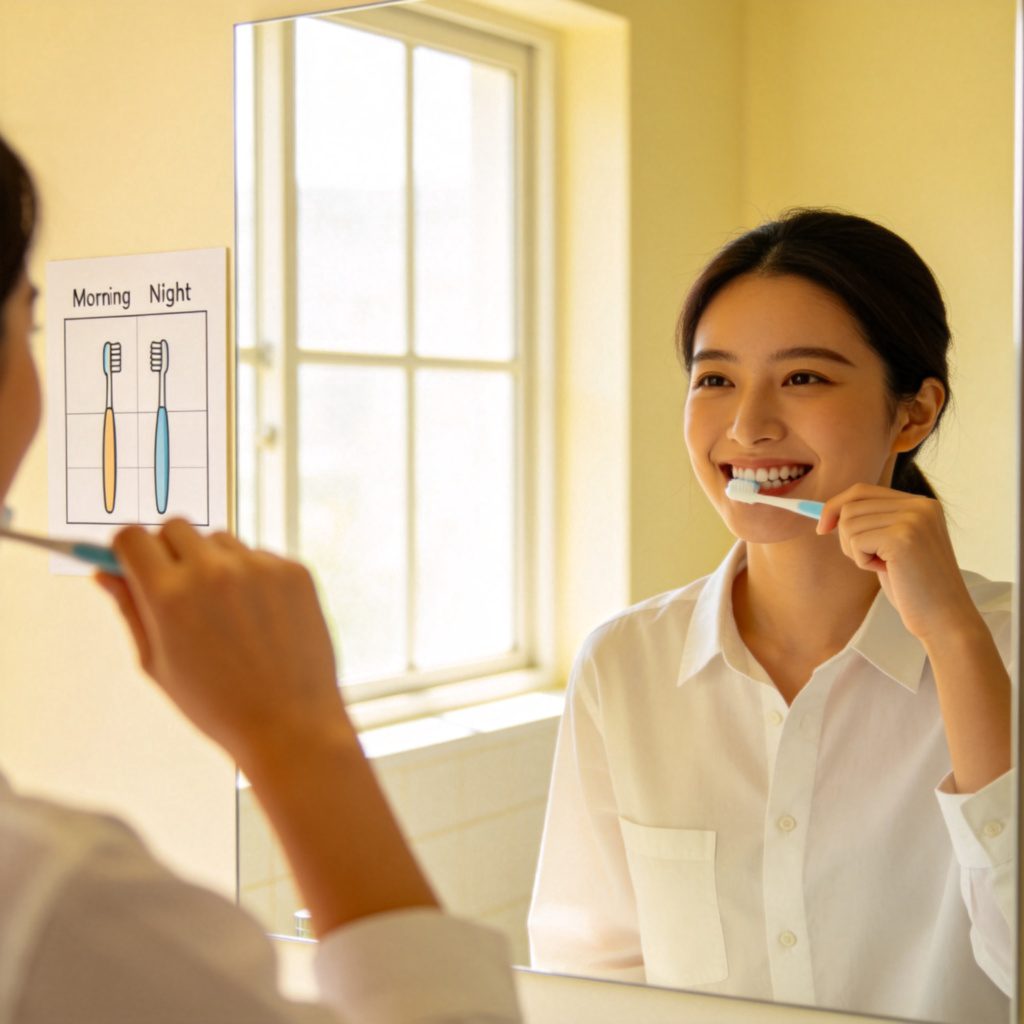 A person standing in front of a bathroom mirror, brushing their teeth. On the wall is a simple schedule showing the same toothbrush icon at two times: morning and night. The person looks clean and healthy, soft morning light through a window. No text.