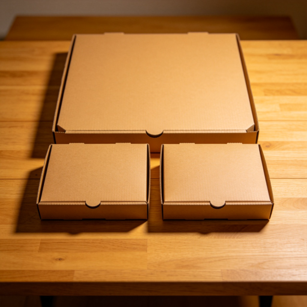Two identical boxes of pizza sitting next to one box that is exactly twice as large. They are on a clean wooden table. The visual difference in size is clear and direct. Warm overhead lighting. No text or numbers.