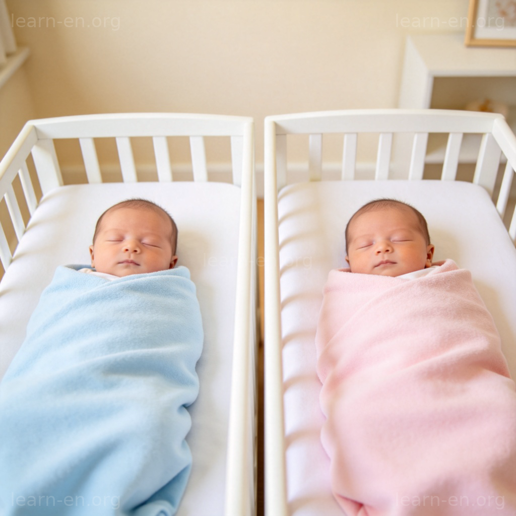 twin 双胞胎含义图解：两个相似的新生儿并排躺着