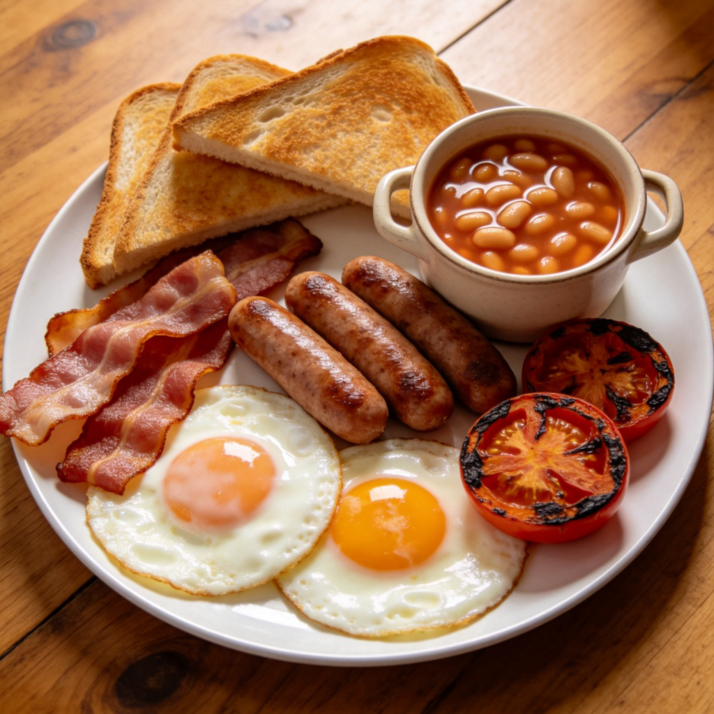 typically 典型性图解：一盘标准英式早餐的俯拍特写