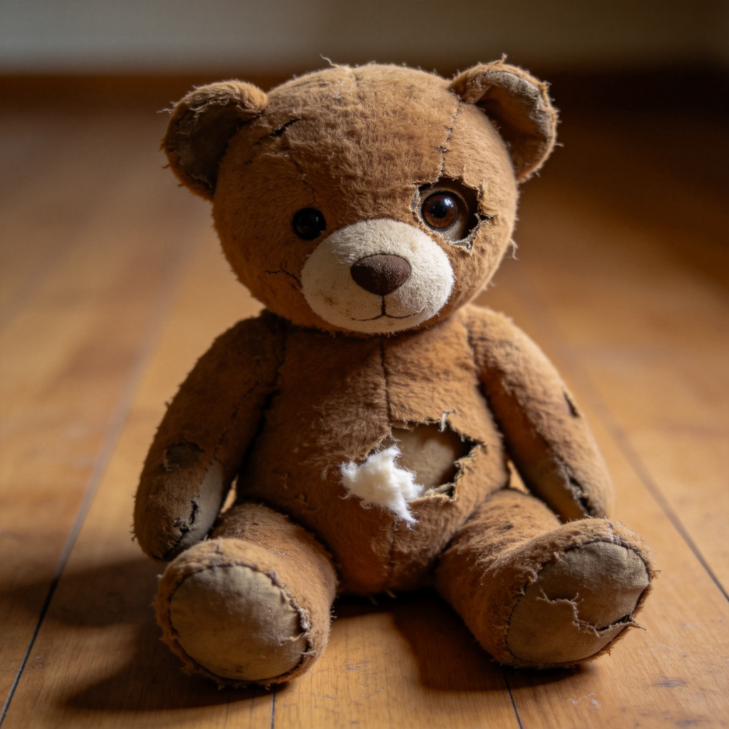 A very old, worn-out brown teddy bear with one eye missing and its stuffing coming out, sitting alone on a plain wooden floor. The lighting is clear and even, focusing on the damage and worn texture. No people or other objects in the frame.