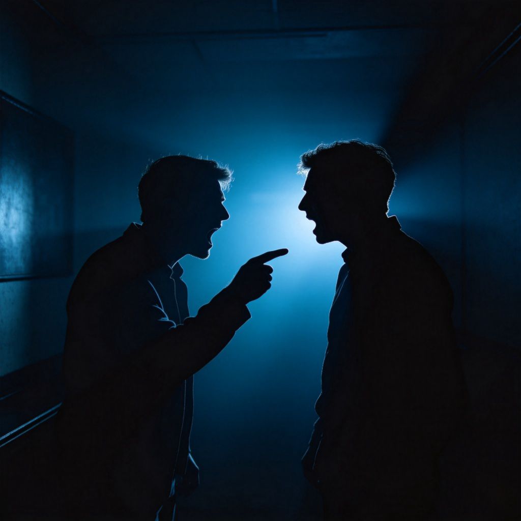 A symbolic scene of two shadowy figures having a heated argument, one pointing a finger accusingly. The overall mood is dark and tense, with harsh shadows, representing conflict and unpleasant social behavior. No clear facial features or text.
