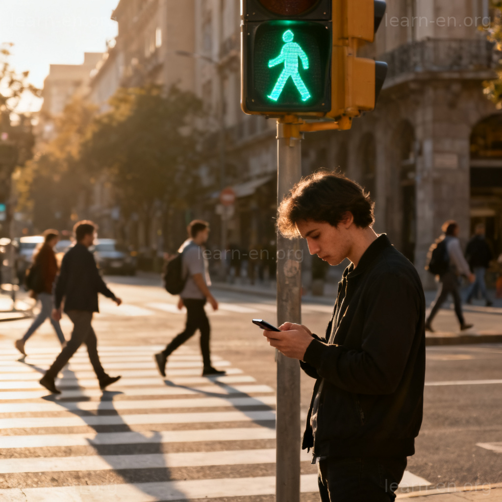 Unaware meaning example: distracted pedestrian missing a green walk signal.