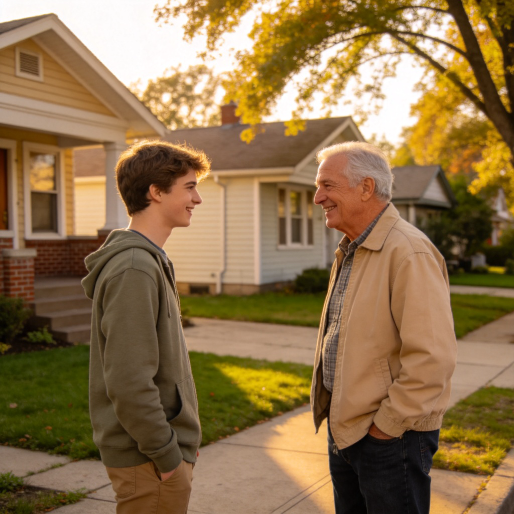 uncle场景：年轻人在社区向大叔友好问路