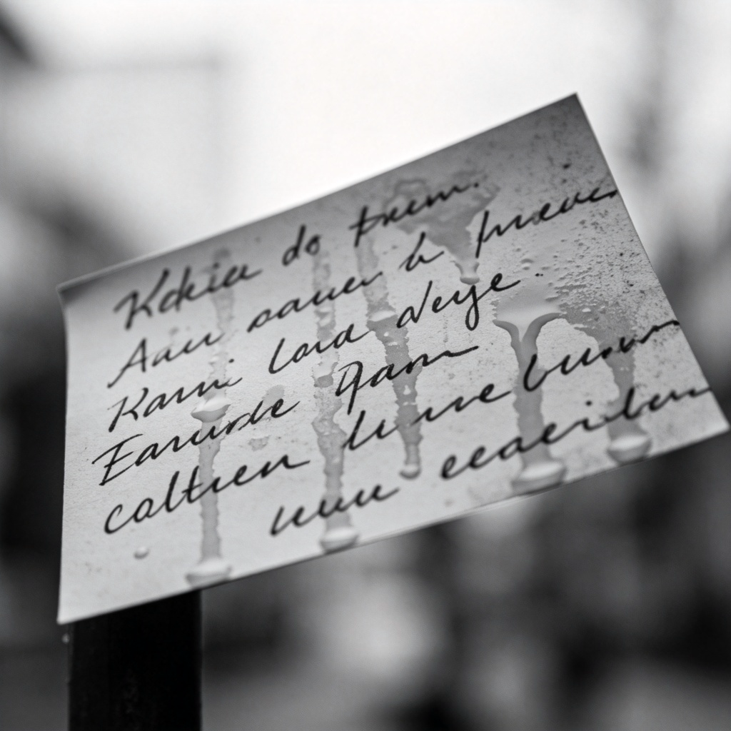 A close-up of a handwritten note or a street sign with smudged, blurred, or water-damaged ink, making the letters and words impossible to read clearly. The background is simple. The focus is on the illegible text. No logos or numbers.