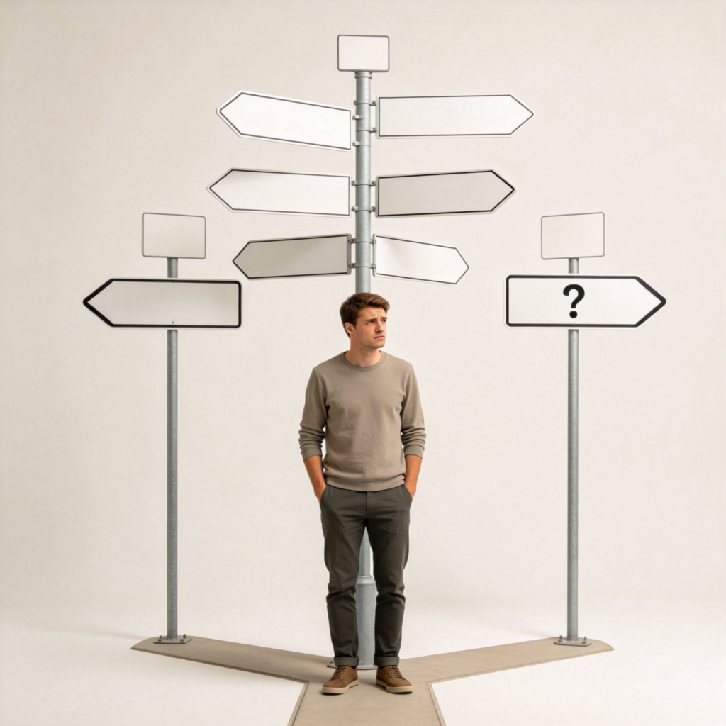 A person standing at a crossroads, with multiple signposts pointing in different directions, each sign is blank or has a question mark on it. The person looks contemplative and slightly confused. Daylight, clean and simple setting.