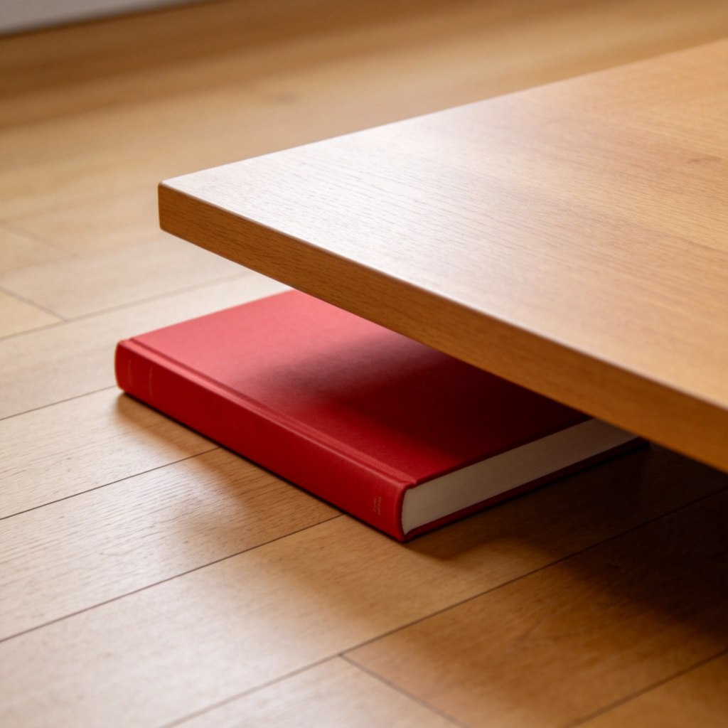 A clear photograph from a side angle. A red book is lying flat on a wooden floor. The edge of a wooden table is above it, covering the top part of the book, clearly showing the book is under the table. Soft natural light, plain background. No text or people.