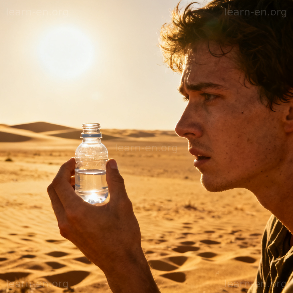 Person with small water bottle in vast desert underestimated need