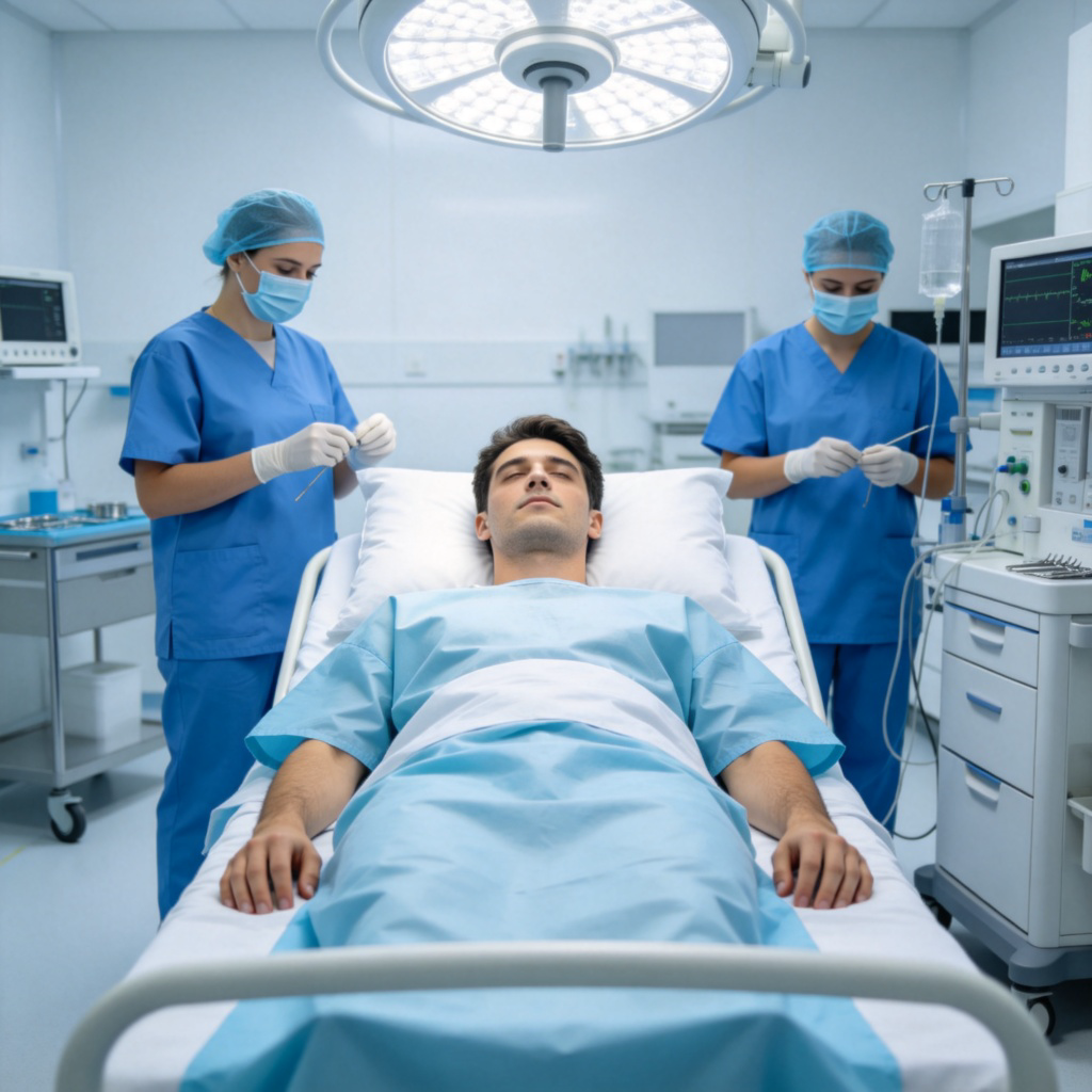 A person lying on a hospital bed in a clean, bright operating room, wearing a surgical gown. Medical professionals in blue scrubs and masks are standing nearby, preparing equipment. The scene conveys a sense of a necessary medical process about to begin. Photorealistic style, soft lighting.