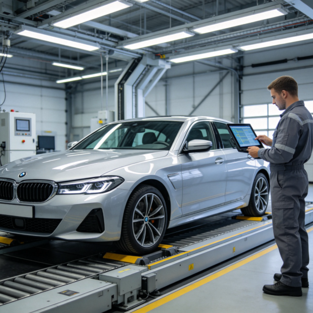 A modern silver car is positioned on a professional vehicle inspection line in a well-lit garage. A mechanic in a uniform is using a computerized tablet to check data points on the car. Focus on the car being examined. Clean, technical atmosphere.