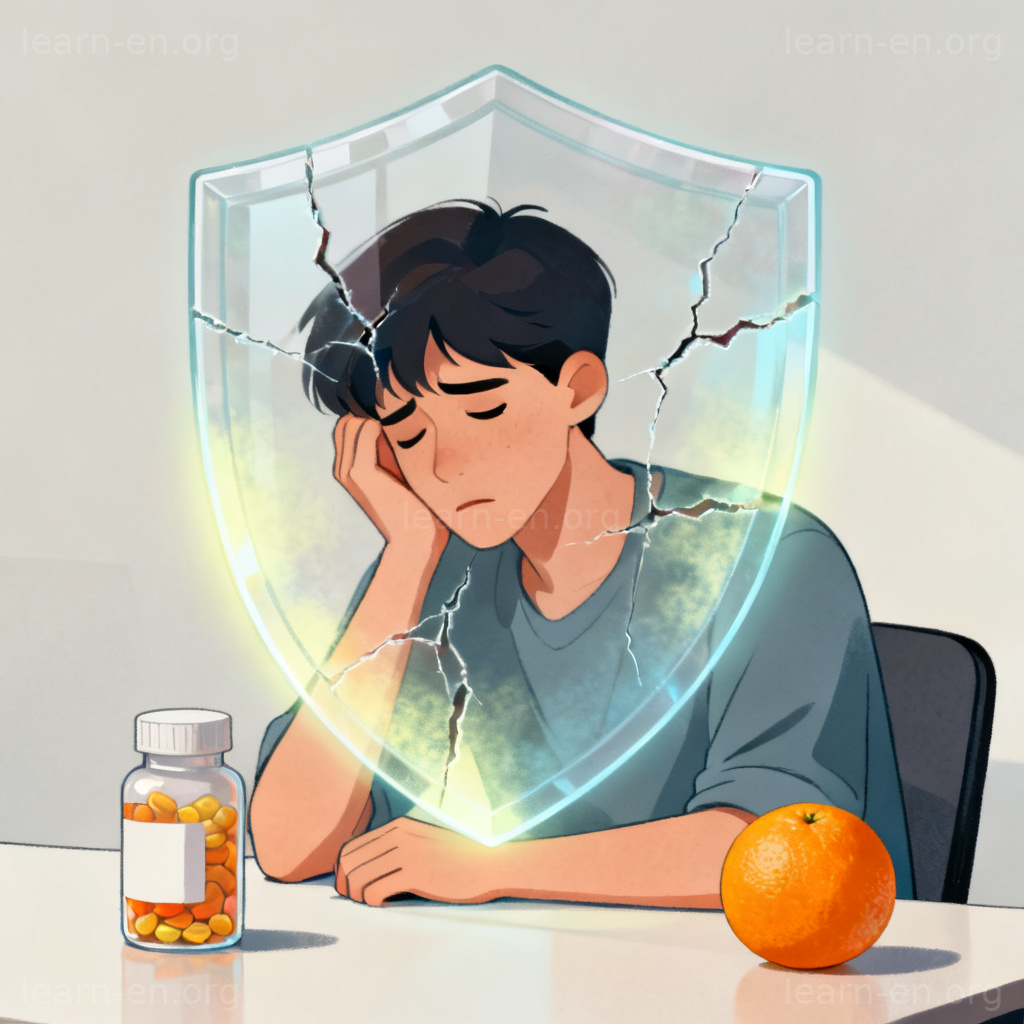 Undermine health metaphor: person with a cracked, fading immunity shield at a desk.