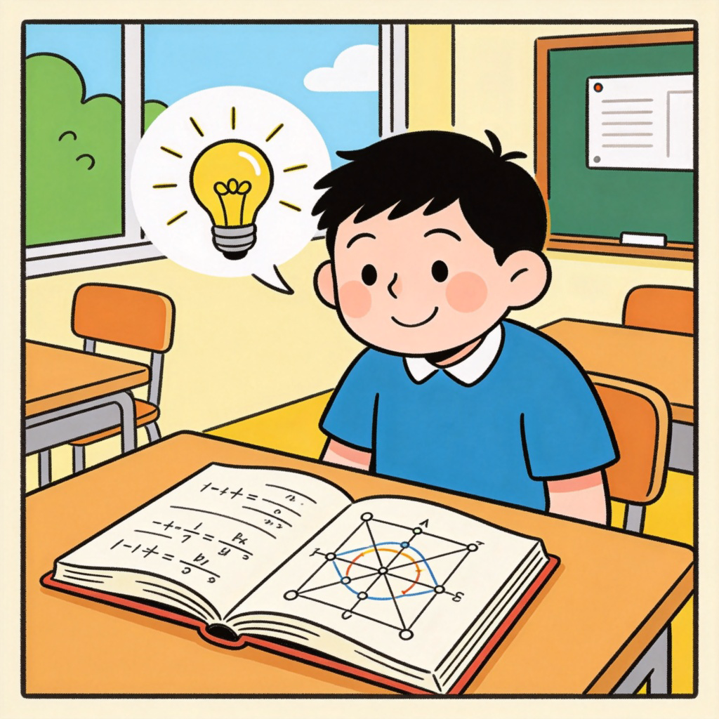 A student sitting at a desk, looking at a textbook with a lightbulb icon appearing above their head, indicating a moment of realization. They have a smile on their face. The textbook is open to a page with a complex diagram or math formula. Simple, bright classroom background. Cartoon or clear illustration style. No text in the image.