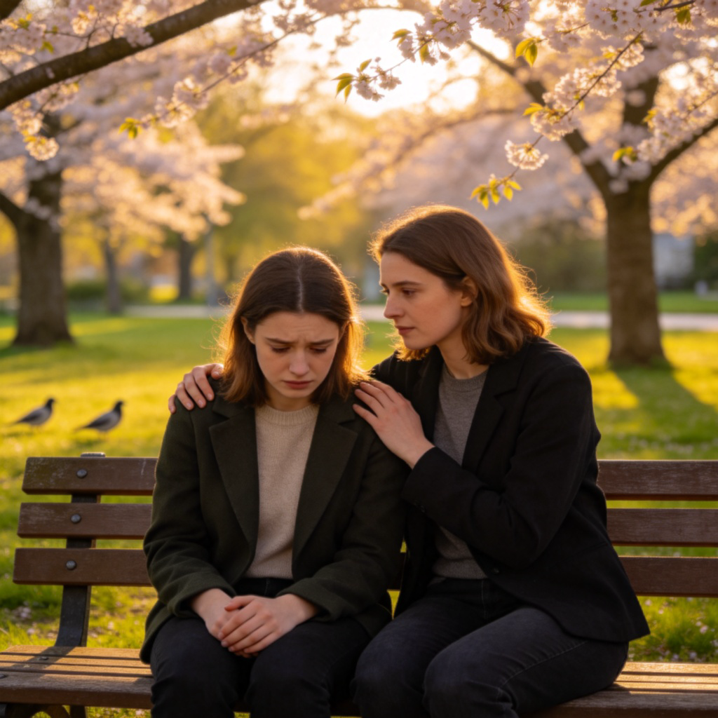 Two friends sitting on a park bench. One looks sad, head slightly down. The other has a comforting hand on their shoulder and a kind, listening expression on their face. They are surrounded by peaceful nature. The focus is on their supportive connection and empathetic body language. Photorealistic style, warm afternoon lighting. No text.