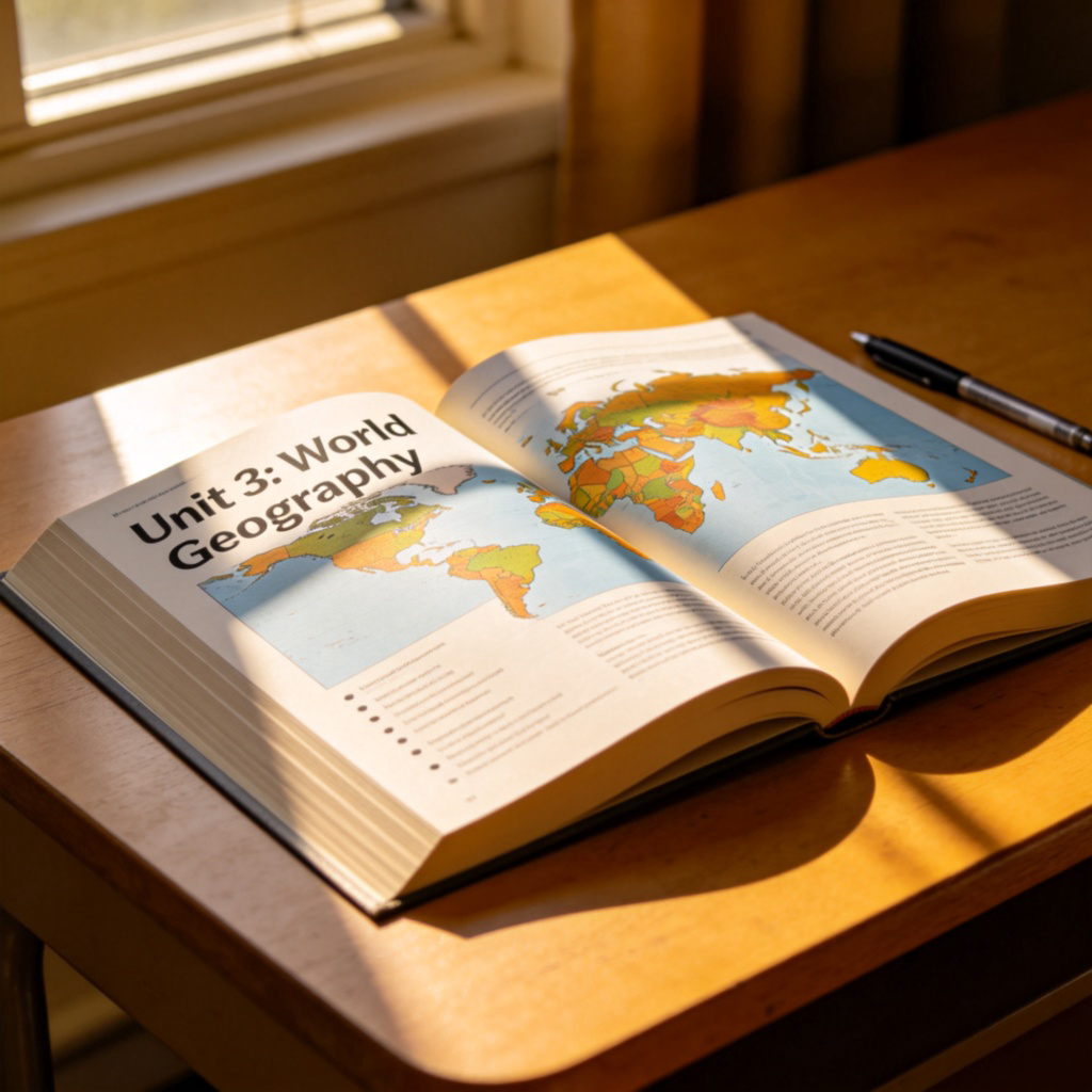 A photograph of an open textbook on a wooden desk. The page clearly shows a large heading 'Unit 3: World Geography' with colorful maps and a few bullet points underneath. Sunlight streams through a window onto the page. The focus is sharp on the book, with a pen lying beside it. No people, no text except the unit title.
