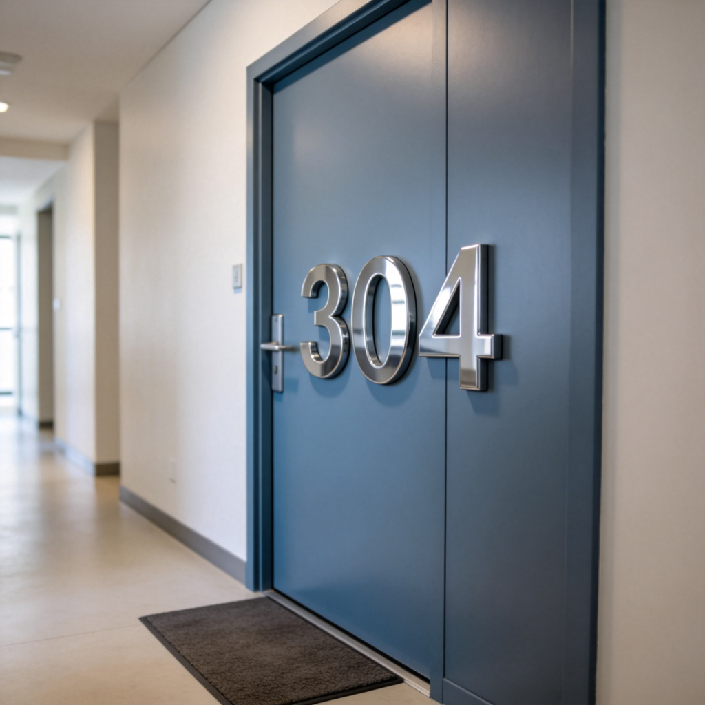 A close-up photo of a modern apartment door with a shiny silver number '304' on it. The door is a solid color, perhaps blue or grey. A welcome mat lies on the floor in front. The hallway is clean and well-lit. The image focuses on the door and its number, emphasizing it as an individual, separate living space.