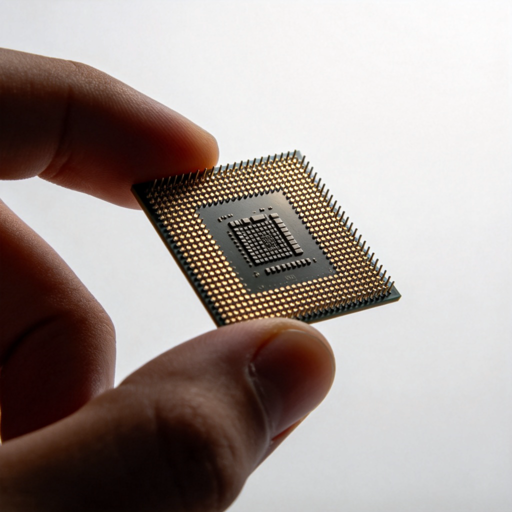 A detailed photograph of a computer's internal components. The central processing unit (CPU) is clearly visible as a small, square chip with many pins, being carefully held between someone's thumb and forefinger against a plain background. The lighting highlights the metallic surface and intricate details of the chip.