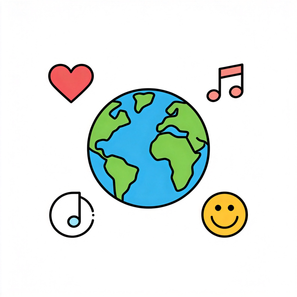 A simple, clear infographic of a stylized Earth globe, with various universally recognized symbols (like a heart, a music note, and a smiling face) placed around it evenly. The style is flat and modern, on a plain white background. No text.