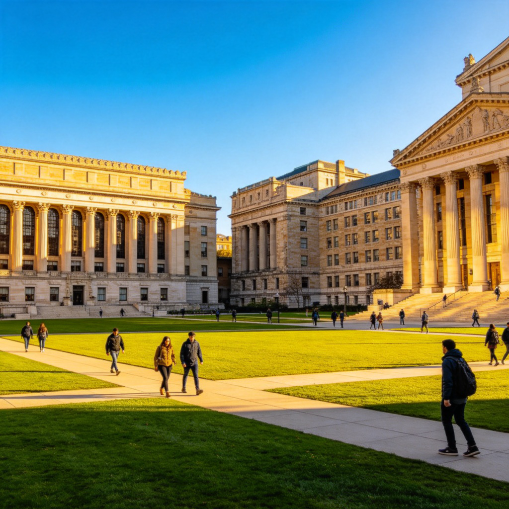 A wide-angle view of a classic university campus, showing several large stone buildings with columns, a green lawn in the foreground, and students walking along paved paths. Bright, sunny day. No text or logos on buildings.