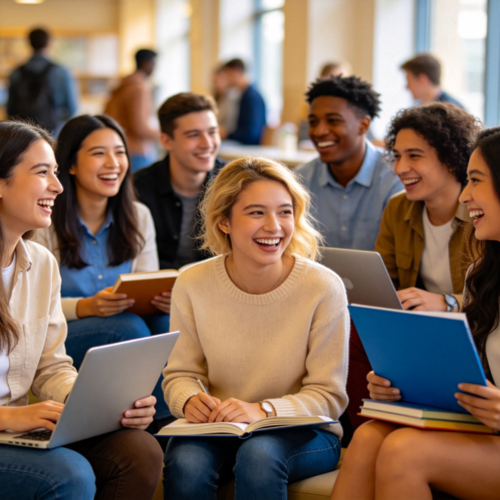 A diverse group of university students laughing and talking together in a common area. They are from different ethnic backgrounds, some holding books or laptops. Casual, friendly atmosphere. No text.