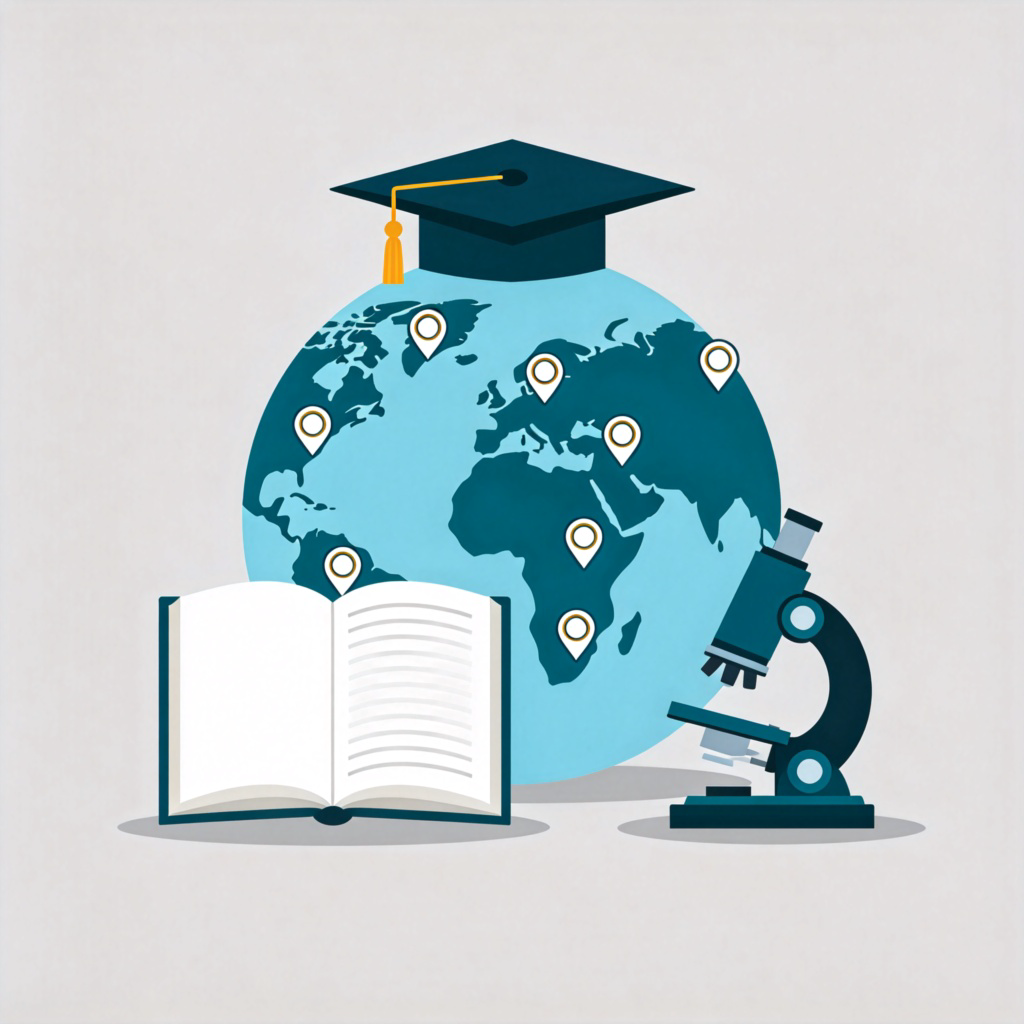 A symbolic collage showing a globe with pins marking different countries, overlaid with icons of a graduation cap, an open book, and a microscope. Represents the global network of academic knowledge and research. Clean, modern graphic design style. No text.