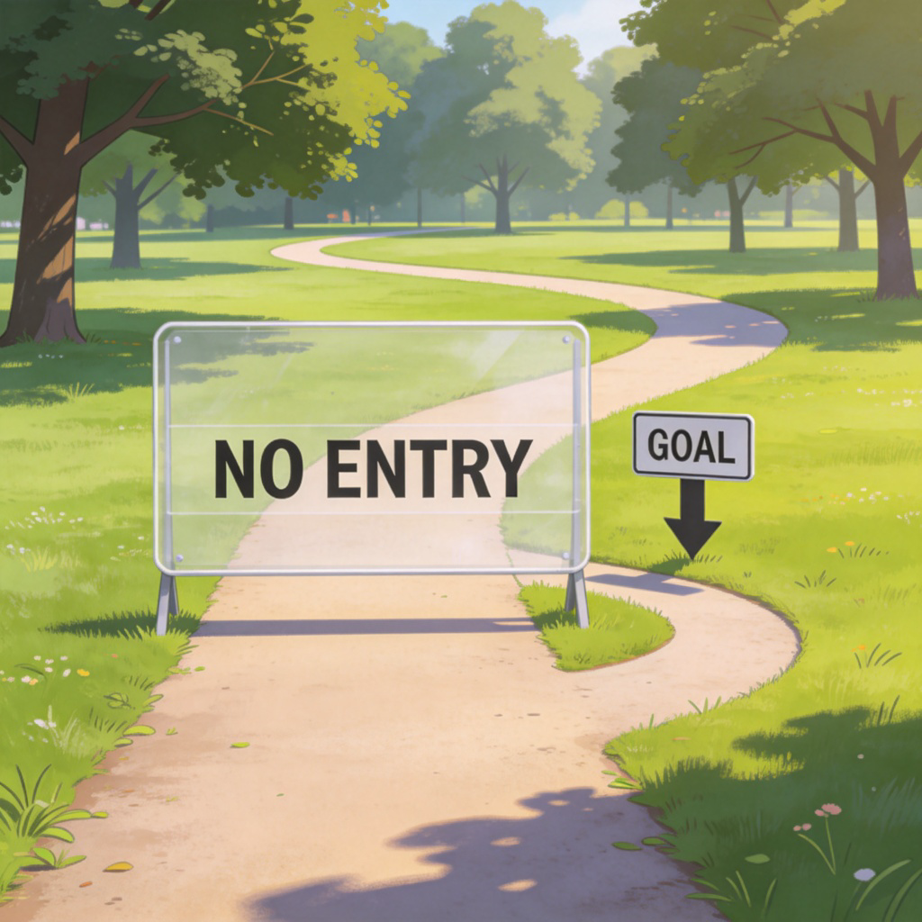 A photorealistic illustration of a fork in a path through a green park. The main, straight path is blocked by a large, clear sign that reads "NO ENTRY". A smaller, curved path branches off to the side, with an arrow sign pointing down it that says "GOAL". Sunny day, simple and clear composition. No text on the paths themselves.