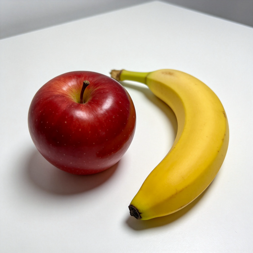 Two side-by-side objects on a plain white table: a shiny red apple on the left and a curved yellow banana on the right. The focus is on their contrasting colors and shapes, with natural lighting and a clean background. No text or logos are visible, emphasizing the visual difference.