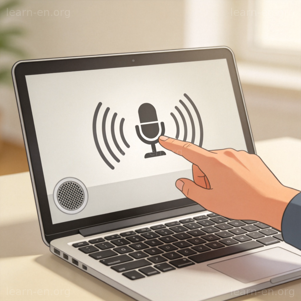 Unmute icon clicked on laptop during online meeting with sound waves