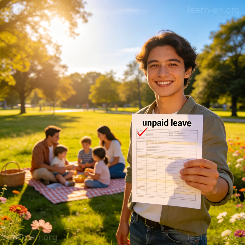 Unpaid Leave 无薪假图解：员工手持请假单计划与家人在公园度假