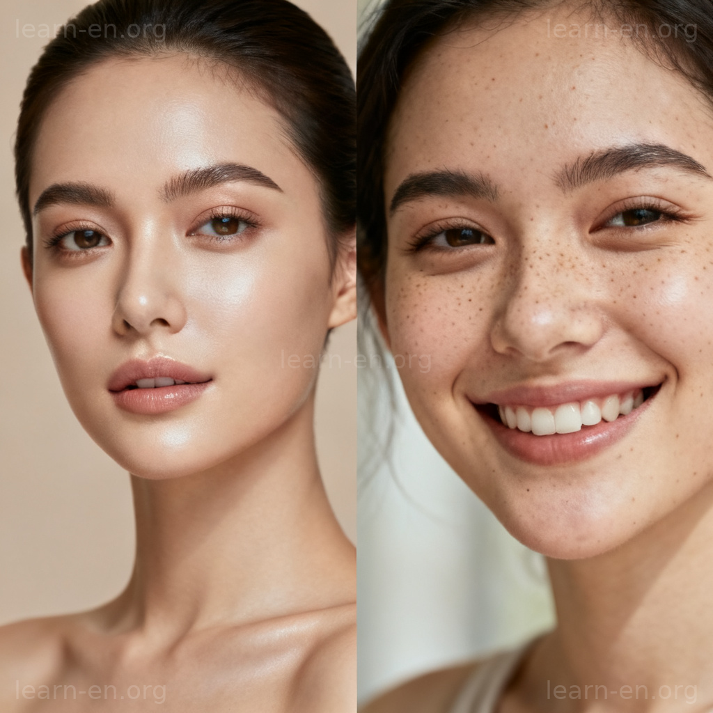 Unrealistic vs realistic portrayal in advertisement and natural skin comparison