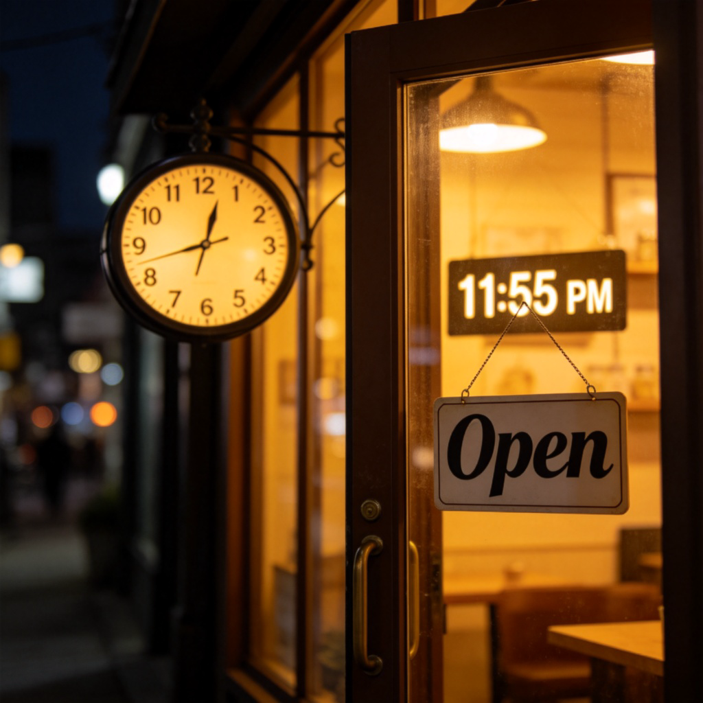 A close-up of a shop door with a sign that reads 'Open' and a clock next to it showing 11:55 PM. The door is slightly ajar with warm light coming from inside, suggesting it's still open. The focus is on the clock and the 'Open' sign, against a dark street background. No text on the sign except the word 'Open'.