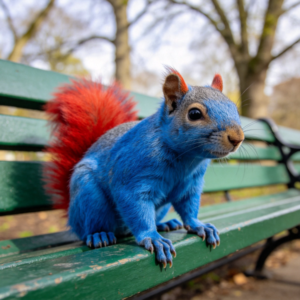 A close-up photo of a common grey squirrel sitting on a green park bench, but its fur is bright blue and red. The background is blurred trees. Bright daylight, realistic photo style, focusing on the squirrel's unusual colors. No text or people in the frame.