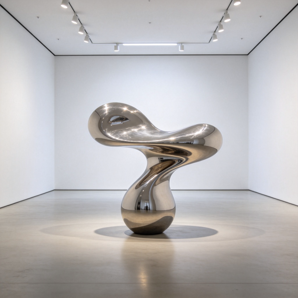 A modern art museum gallery with a single, striking sculpture in the center. The sculpture has a very unusual, flowing organic shape made of polished metal, unlike any typical geometric forms. Clean, minimalist white walls, soft gallery lighting. No text.