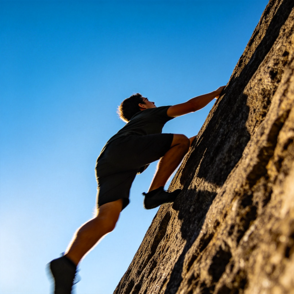 A person climbing a steep rock face or a long staircase, seen from a low angle to emphasize the upward movement. The person is looking up towards the top. Clear blue sky in the background. Action shot with a sense of effort and direction. No text.