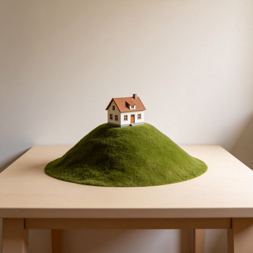 A drone's-eye view looking straight down at a toy house placed on top of a small green hill. The hill is on a table against a plain wall, emphasizing the house's high position. Top-down perspective, clean and simple composition. No text.