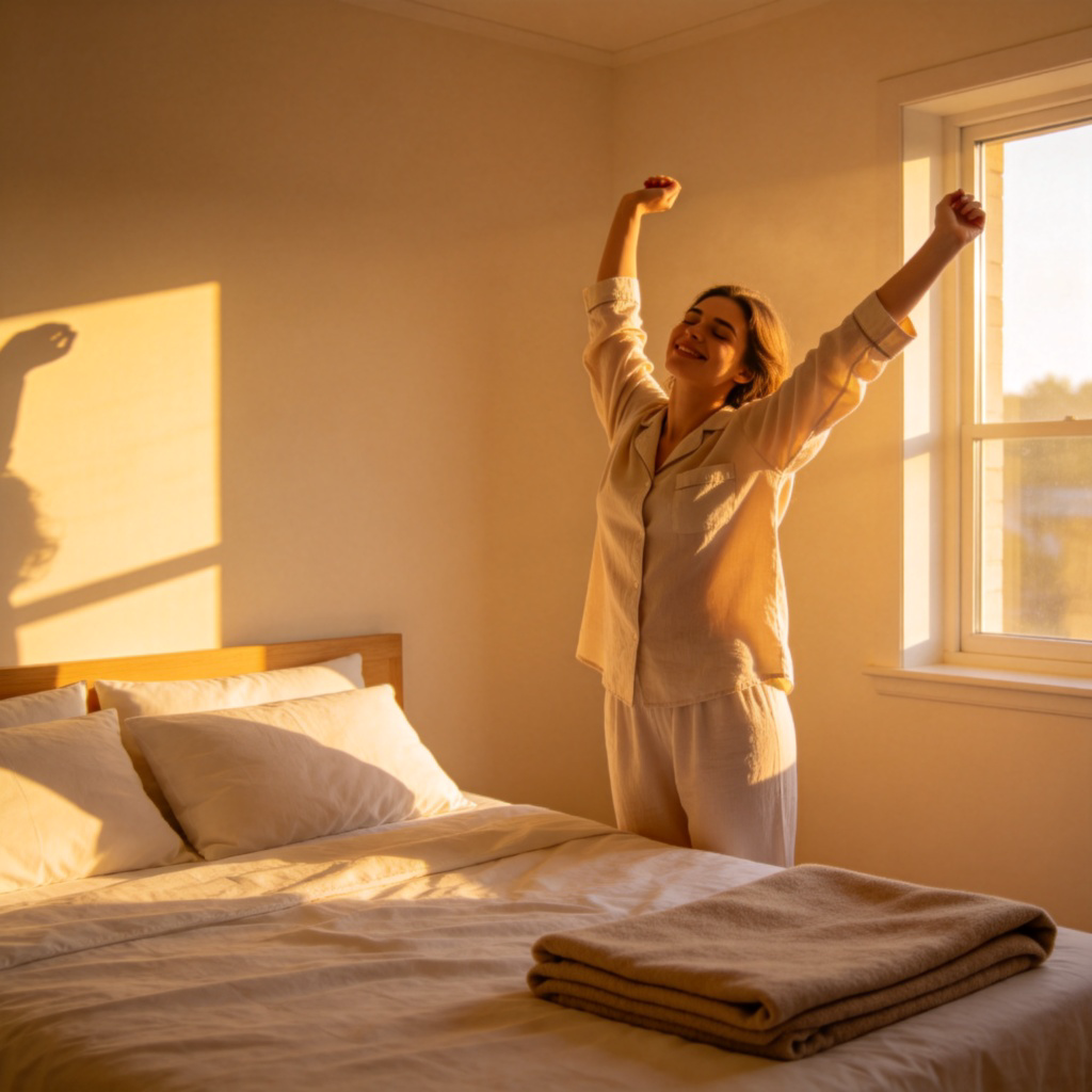 A person stretching arms with a sleepy but happy expression, standing beside a neatly made bed in a sunlit bedroom. Wearing comfortable pajamas. The scene conveys the feeling of just waking up and starting the day. Warm morning light. No text.