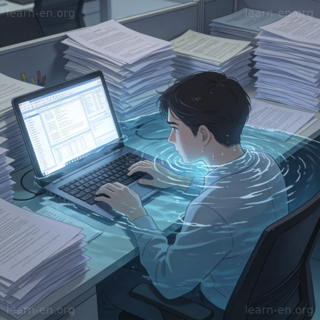 Up to my neck idiom meaning overwhelmed with work illustration